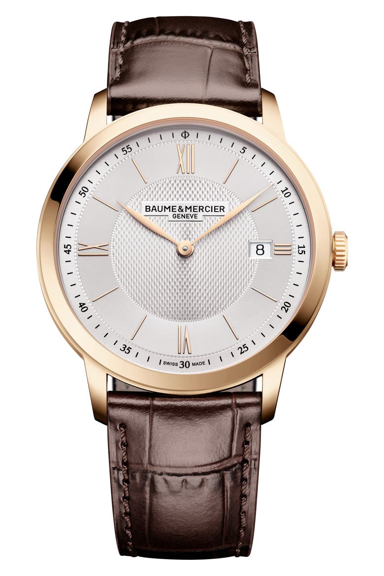 Classima Leather Strap Watch, 40mm, Main, color, SILVER
