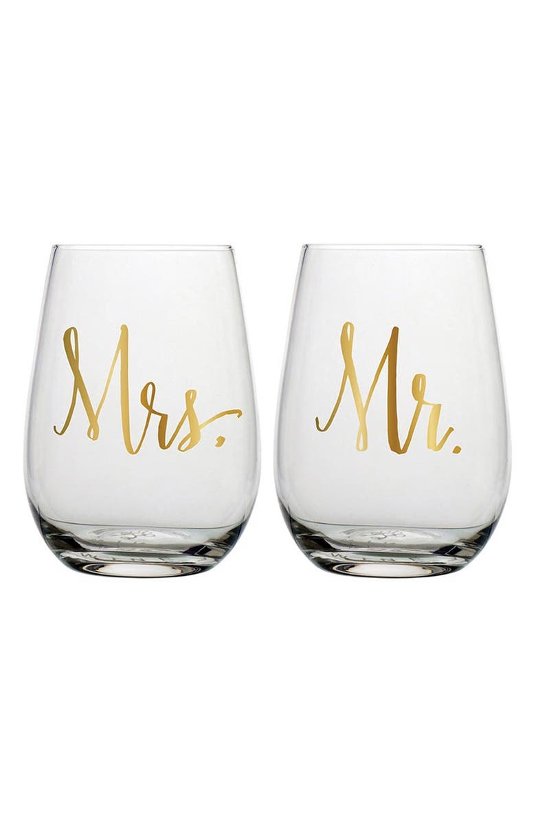 CREATIVE BRANDS Mr & Mrs Stemless Set of 2 Wine Glasses, Main, color, Clear