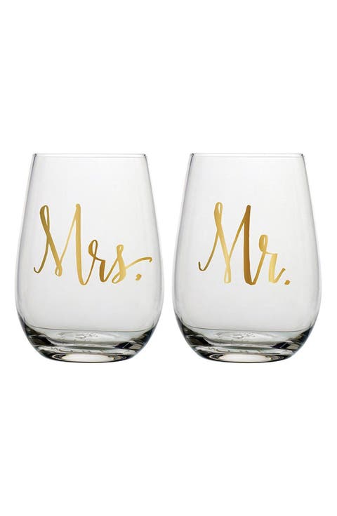 Mr & Mrs Stemless Set of 2 Wine Glasses