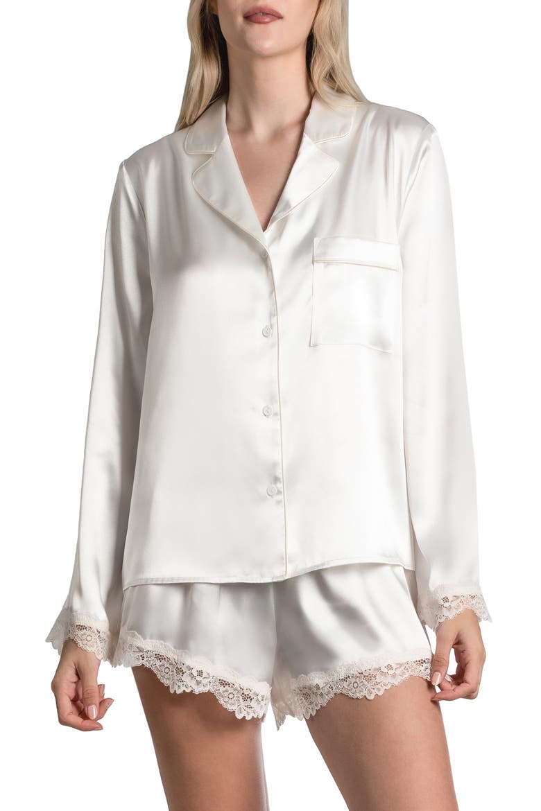 Felicity Lace Trim Long Sleeve Satin Shorts Pajamas, Main, color, OFF WHITE