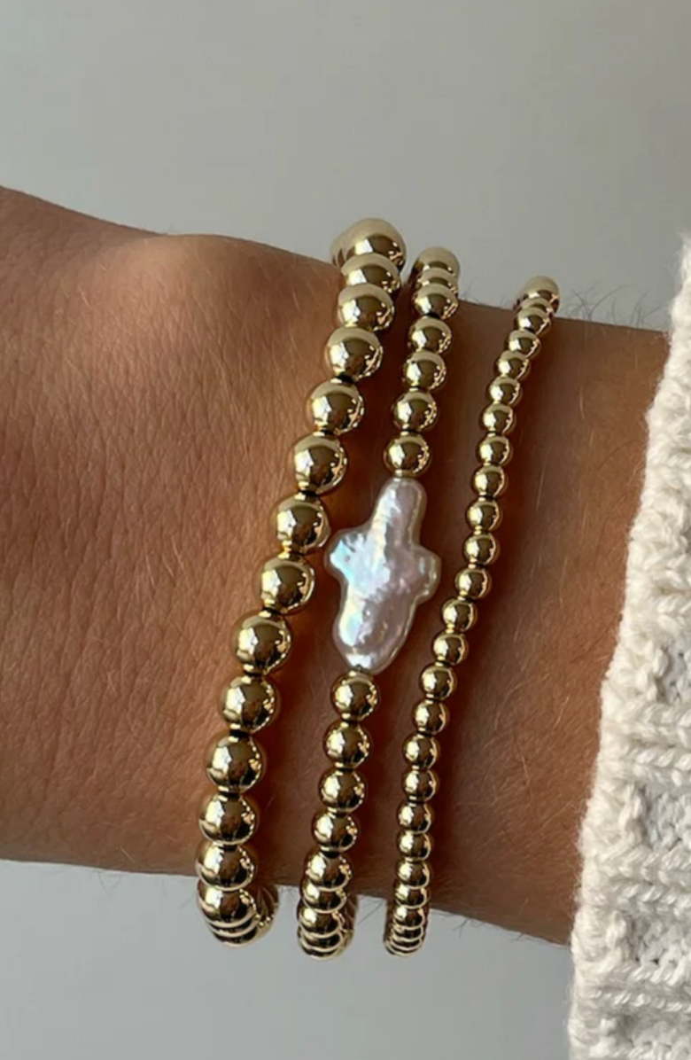 CUFFED BY NANO Pearl Cross 14k Gold Filled Bead Three Bracelet Stack, Alternate, color, Gold