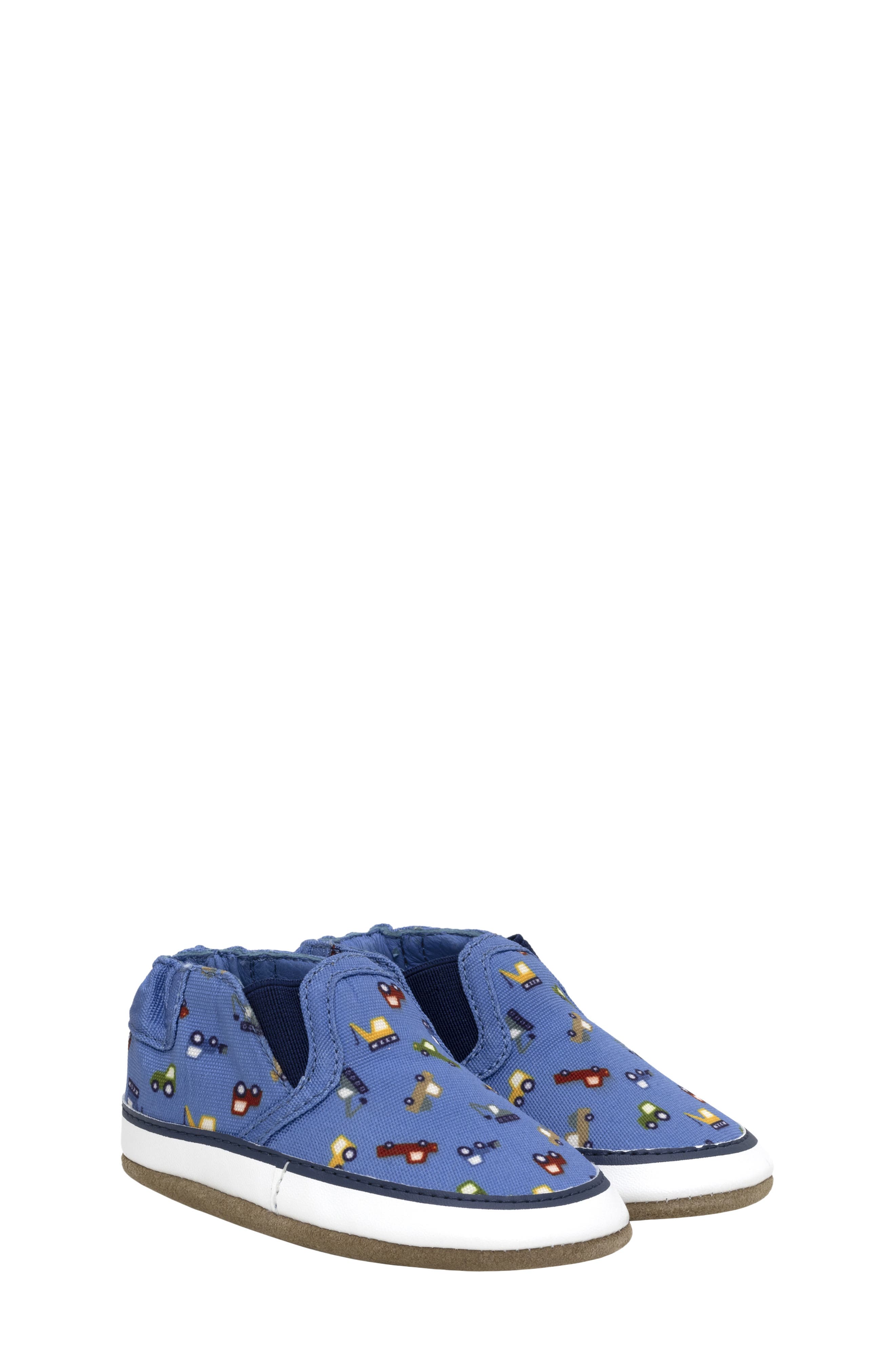 Robeez<sup>®</sup> I Love Trucks Slip-On Crib Shoe, Main, color, Medium Blue