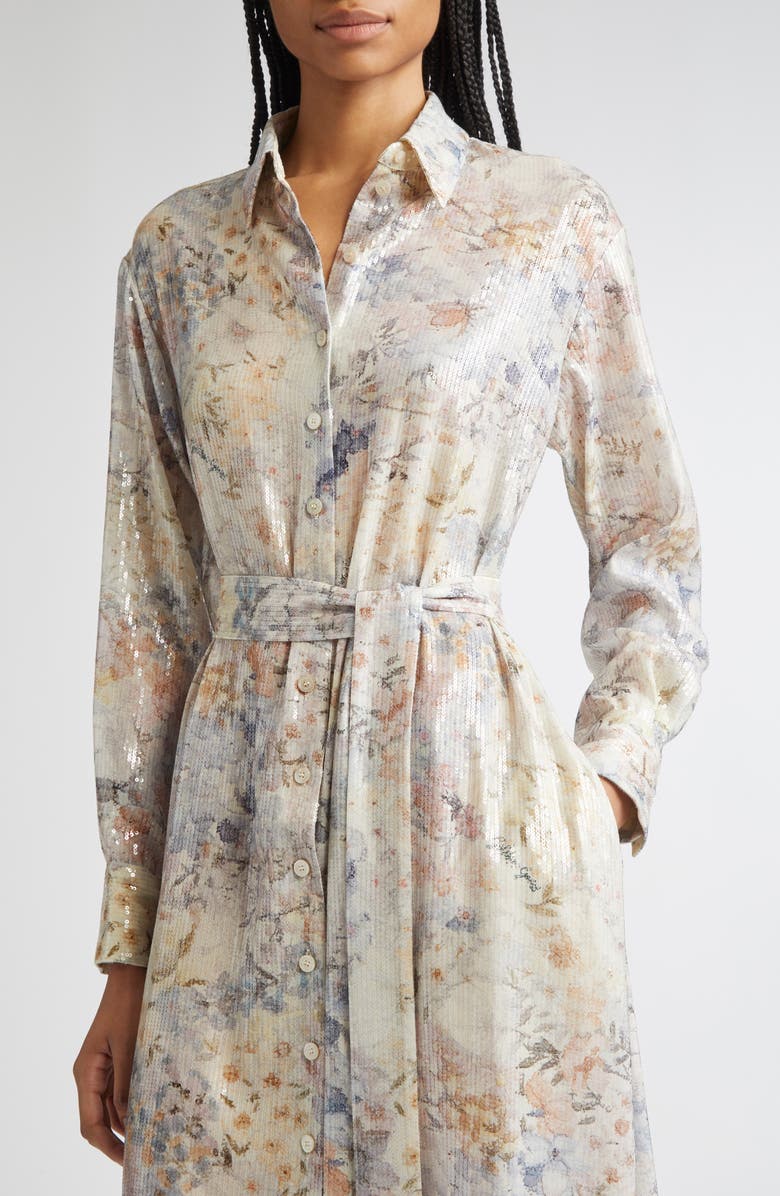 Golden Goose Journey Floral Long Sleeve Sequin Shirtdress, Alternate, color, Pastel Flowers