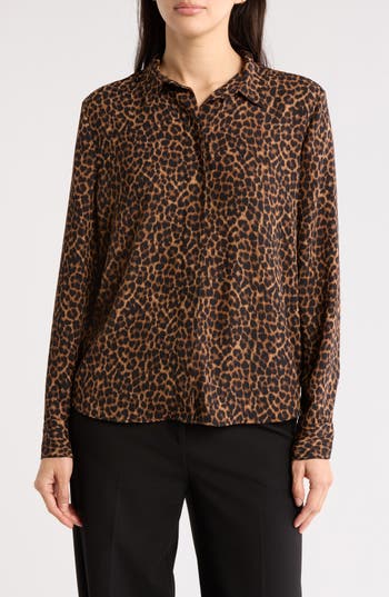 Nordstrom Rack Print Long Sleeve Crepe Button-up Shirt In Brown- Black Leopard