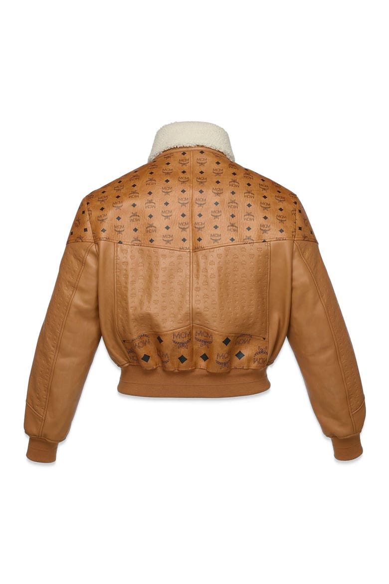 Shearling Bomber Jacket in Visetos Leather Mix, Alternate, color, cognac