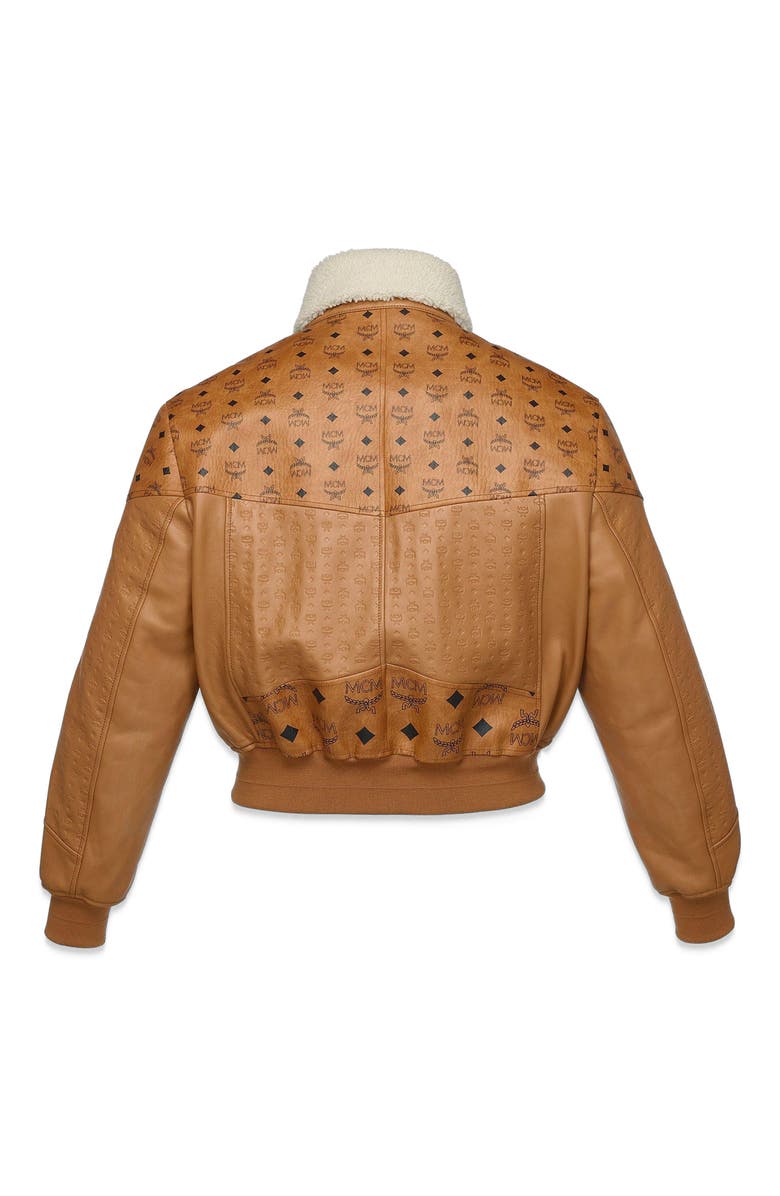 MCM Shearling Bomber Jacket in Visetos Leather Mix, Alternate, color, Cognac