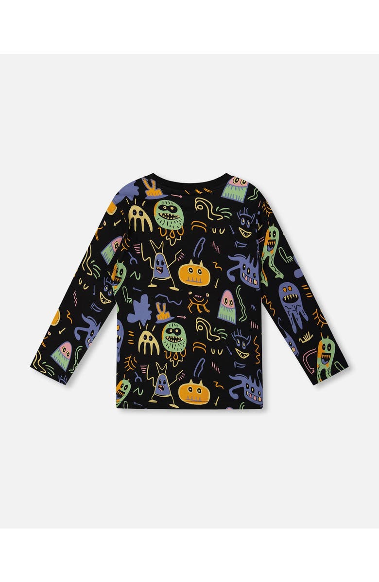 Deux par Deux Long Sleeve Organic Cotton Allover Monsters Tee, Alternate, color, Black