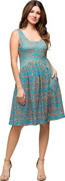 24seven Comfort Apparel Maternity Sky Blue Sleeveless Pleated Knee Length Pocket Dress