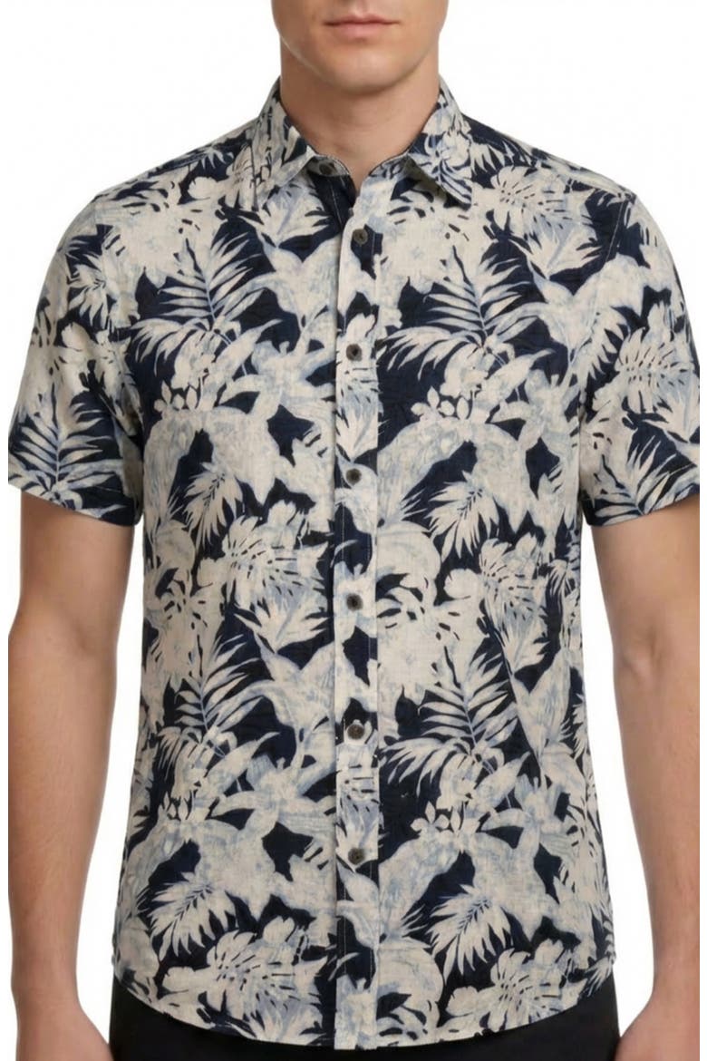 Tropical Print Short Sleeve Linen & Cotton Button-Up Shirt, Main, color, NAVY