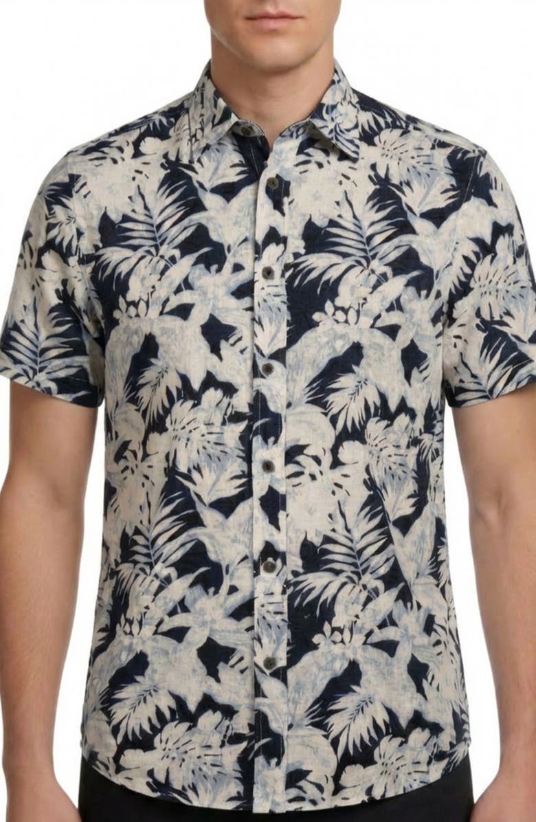 Report Collection Tropical Print Short Sleeve Linen & Cotton Button-Up Shirt, Main, color, Navy