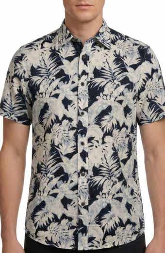 Report Collection Tropical Print Short Sleeve Linen & Cotton Button-Up Shirt