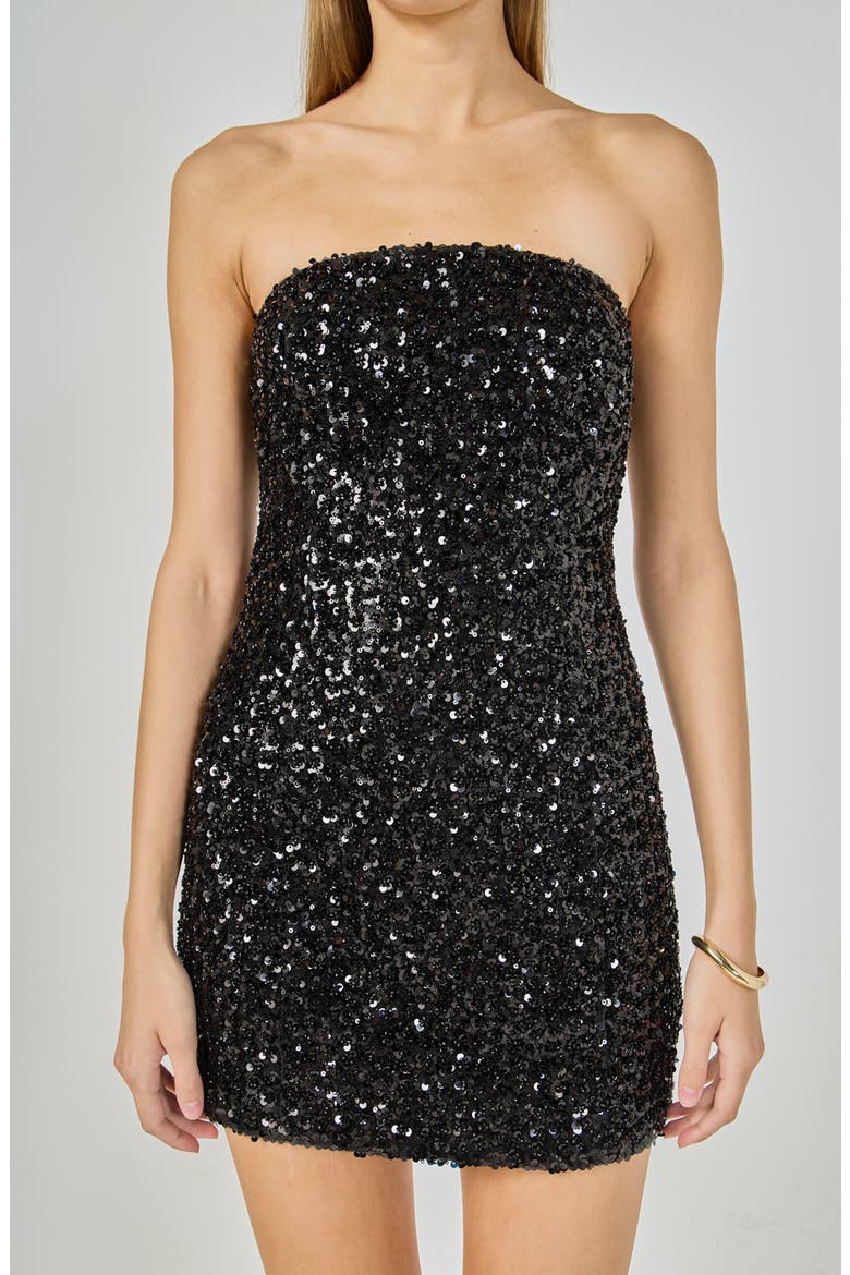 Strapless Sequin Minidress, Alternate, color, BLACK