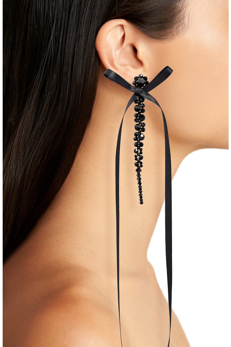 Bow Ribbon Beaded Drop Earrings, Alternate, color, JET/ BLACK