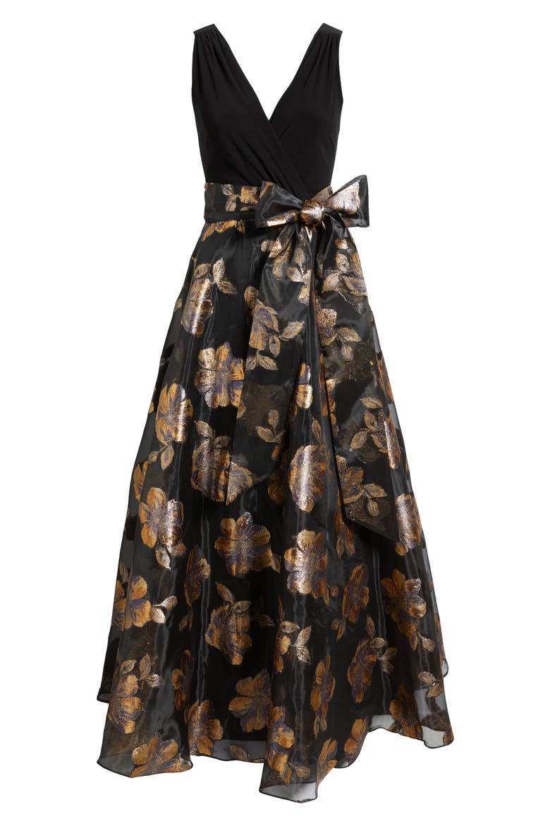 Floral Metallic Sleeveless Mixed Media Ballgown, Alternate, color, BLACK GOLD