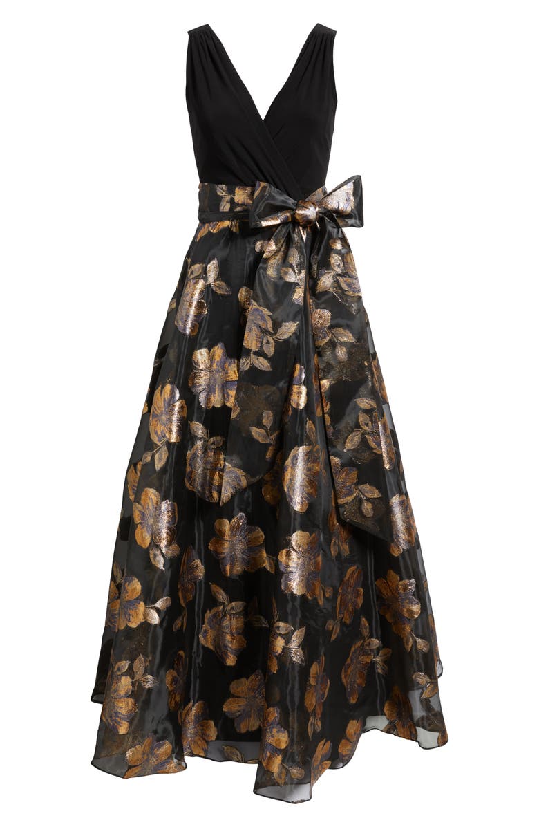 Eliza J Floral Metallic Sleeveless Mixed Media Ballgown, Alternate, color, Black Gold