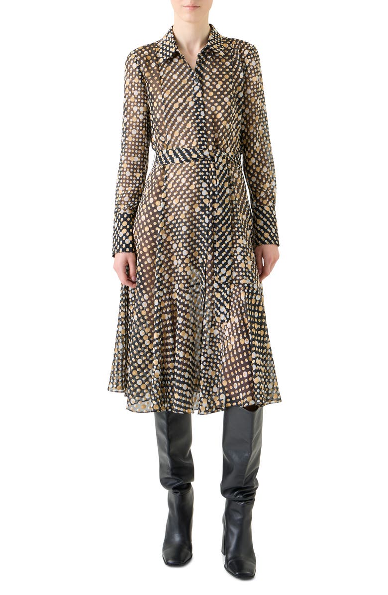 Akris punto Polka Dot Long Sleeve Devoré Shirtdress, Main, color, Black-Multicolor