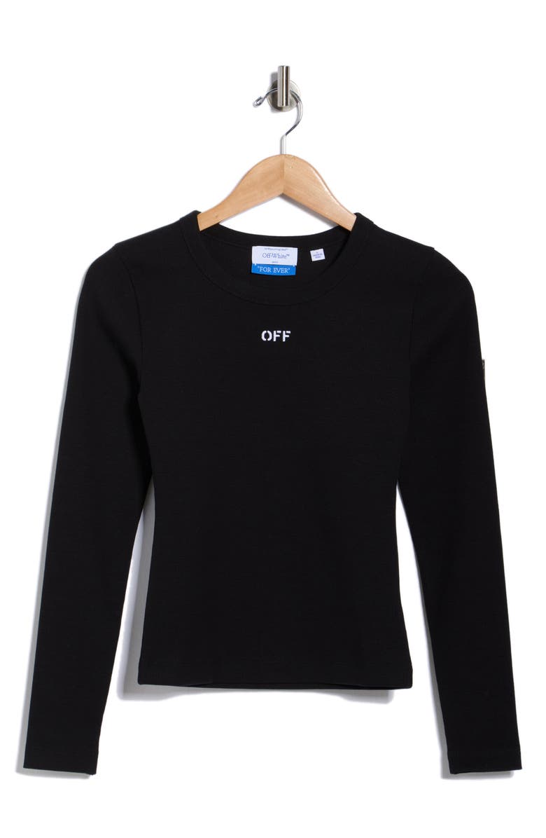Off-White Fitted Long Sleeve Ribbed Crop T-Shirt, Main, color, Black Night