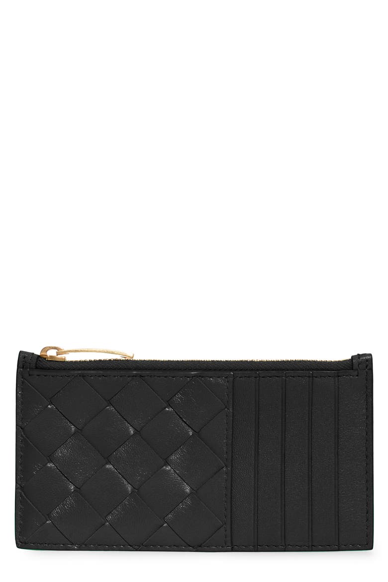 Intrecciato Leather Zip Card Case, Main, color, BLACK-GOLD