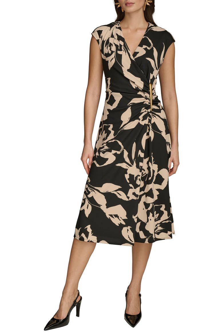 Ruched Floral Dress, Main, color, BLACK/ SAND MULTI