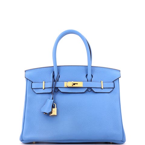 Birkin Handbag Blue Clemence with Gold Hardware 30