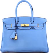 Pre-Owned Hermes Birkin Handbag Blue Clemence with Gold Hardware 30