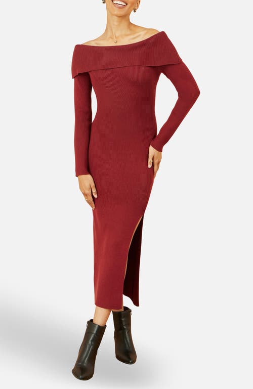 Yumi Bardot Knitted Fitted Midi Dress In Burgundy