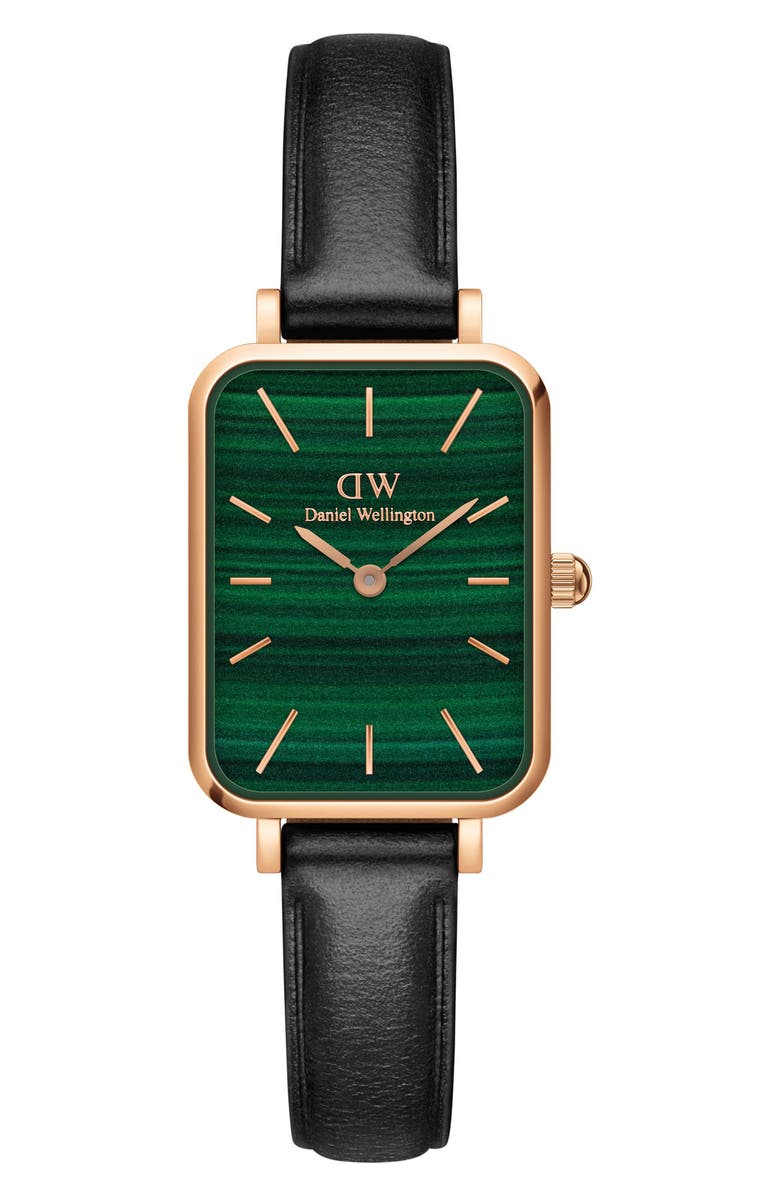 Daniel Wellington Quadro Melrose Leather Strap Watch, 20mm x 26mm, Main, color, Rose Gold/ Green