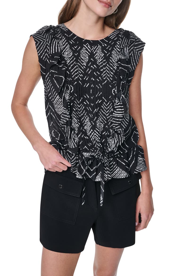 Print Flange Sleeve Ruffle Front Top, Alternate, color, GEO DIAMOND POINTELLE