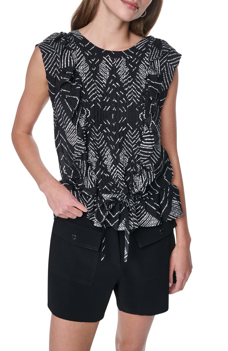 DKNY Print Flange Sleeve Ruffle Front Top, Alternate, color, Geo Diamond Pointelle