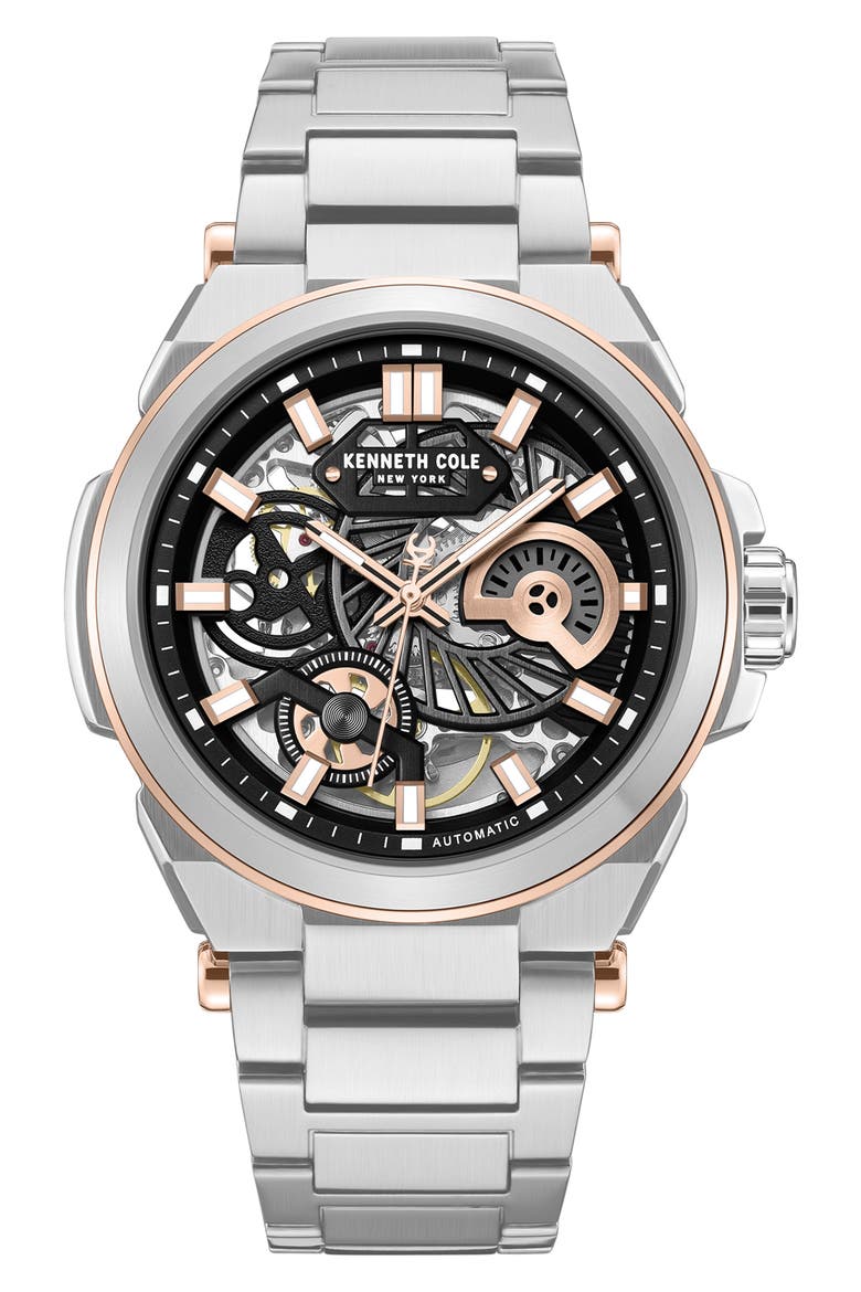 Skeleton Black Automatic Bracelet Watch, 42mm, Main, color, SILVER