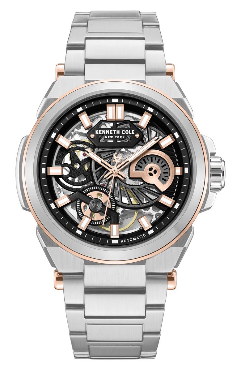 Kenneth Cole New York Skeleton Black Automatic Bracelet Watch, 42mm, Main, color, Silver