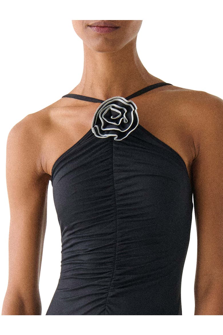 Contrast Rosette Solids High Neck One Piece Swimsuit, Alternate, color, Black