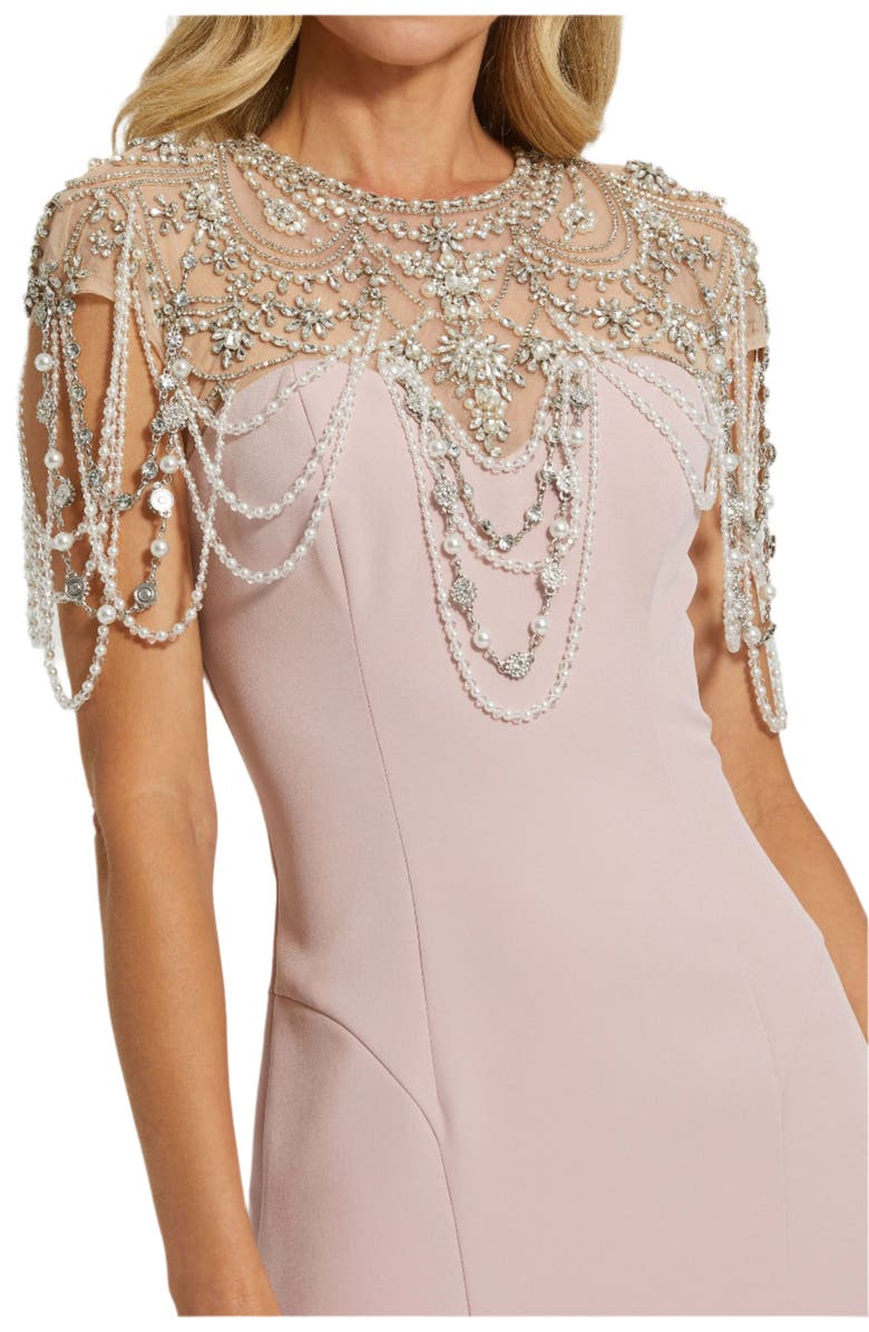 Mac Duggal Draped Pearl Beaded Crepe Mermaid Gown, Alternate, color, Vintage Lilac