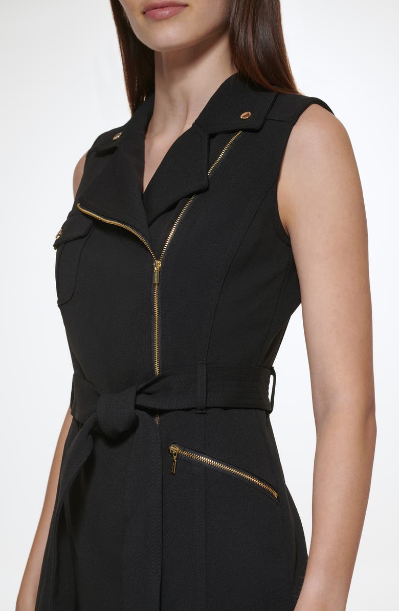 Calvin Klein Sleeveless Stretch Crepe Moto Dress, Alternate, color, Black