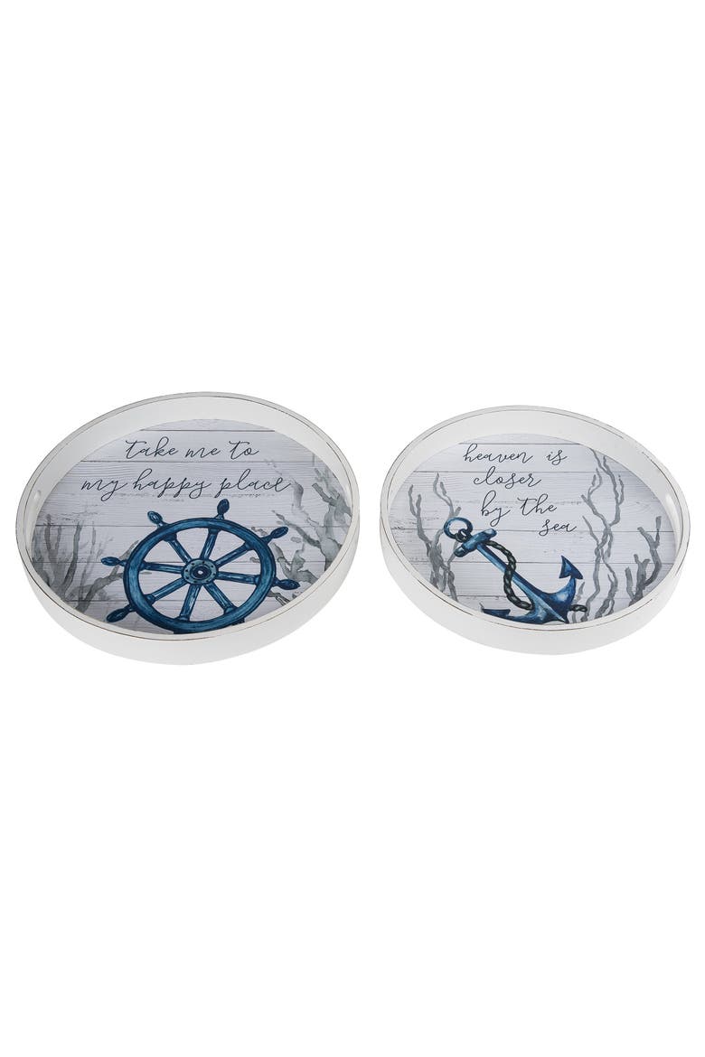 Wood 15.75 Inch Blue Spring Coastal Nested Trays Set of 2 Decorative Trays and Platters for Home Decor, Alternate, color, Blue