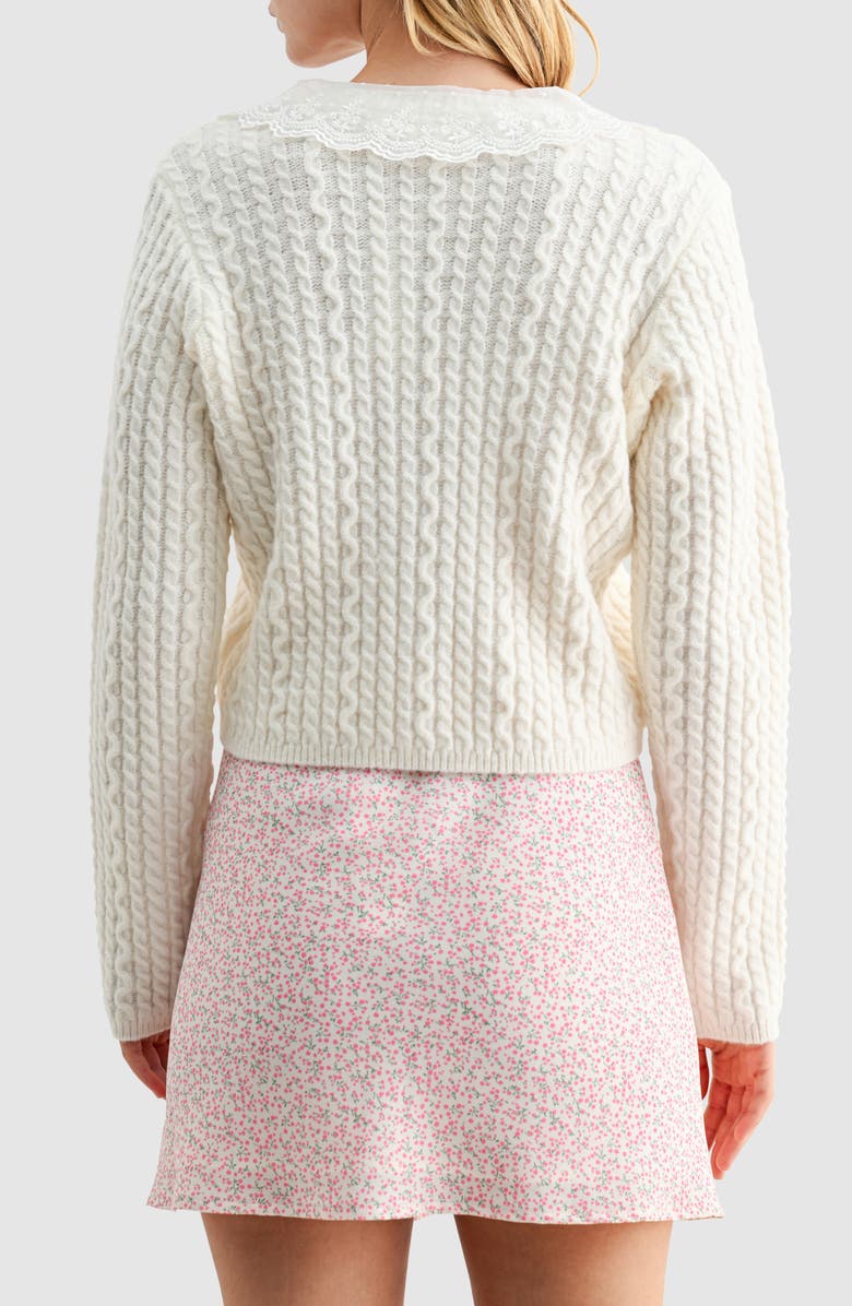All in Favor Lace Collar Cable Stitch Cardigan, Alternate, color, Cream