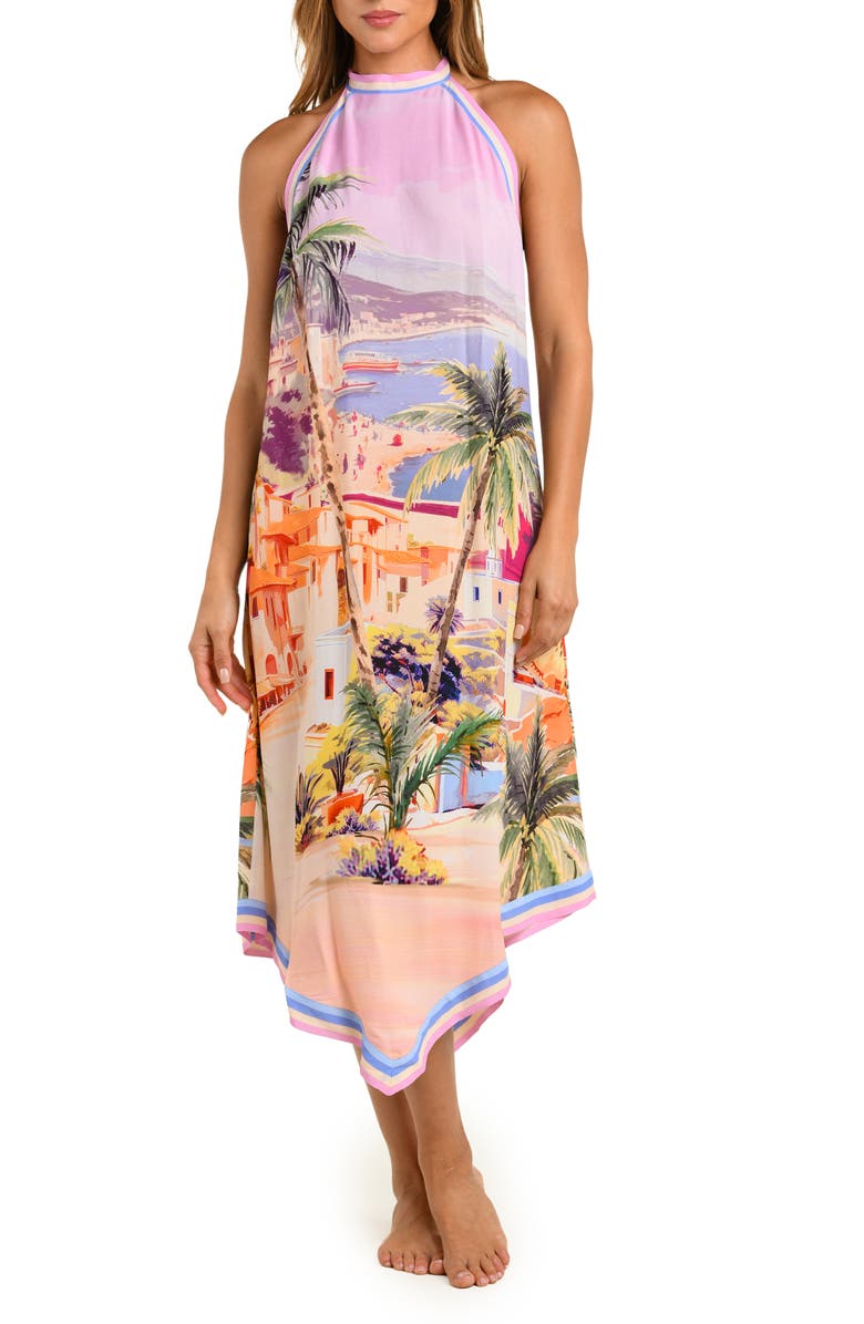 L'AGENCE Elise Postcard Print Cover-Up Halter Dress, Main, color, Pink Multi
