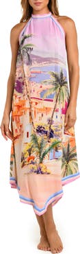 L'AGENCE Elise Postcard Print Cover-Up Halter Dress