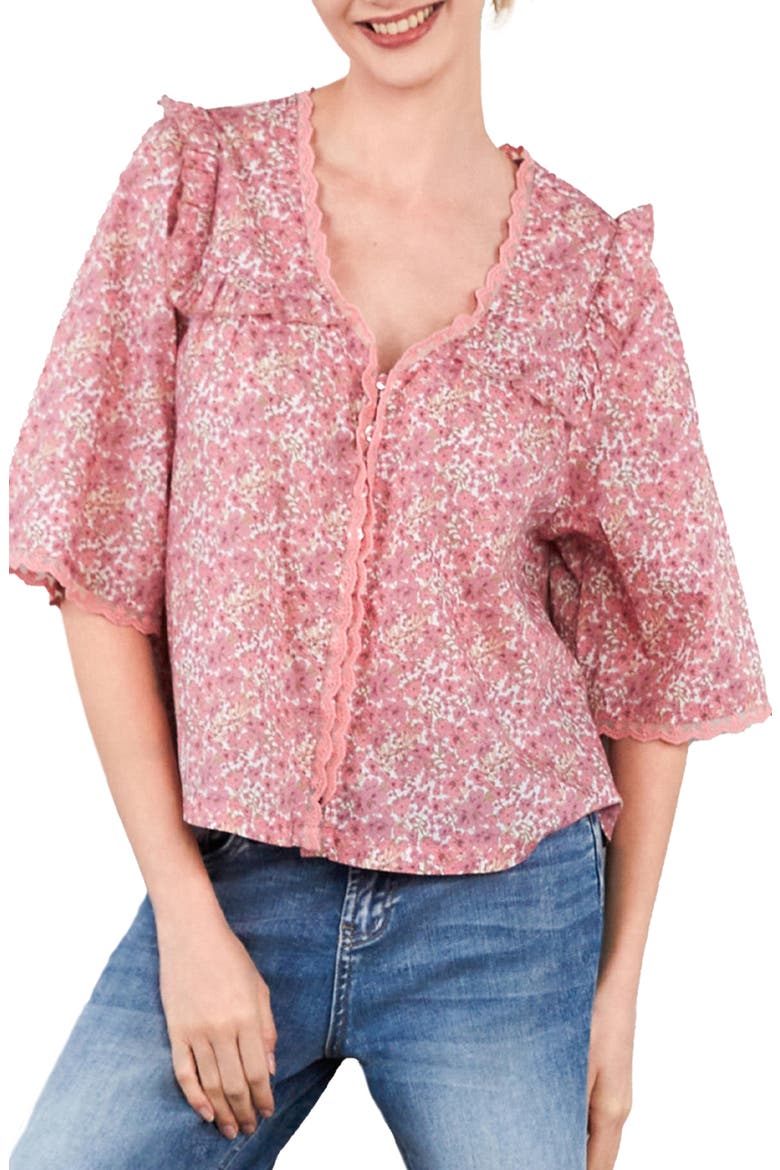 Happy Allie Floral Cotton Blend Button-Up Shirt, Alternate, color, PINK BLOOM