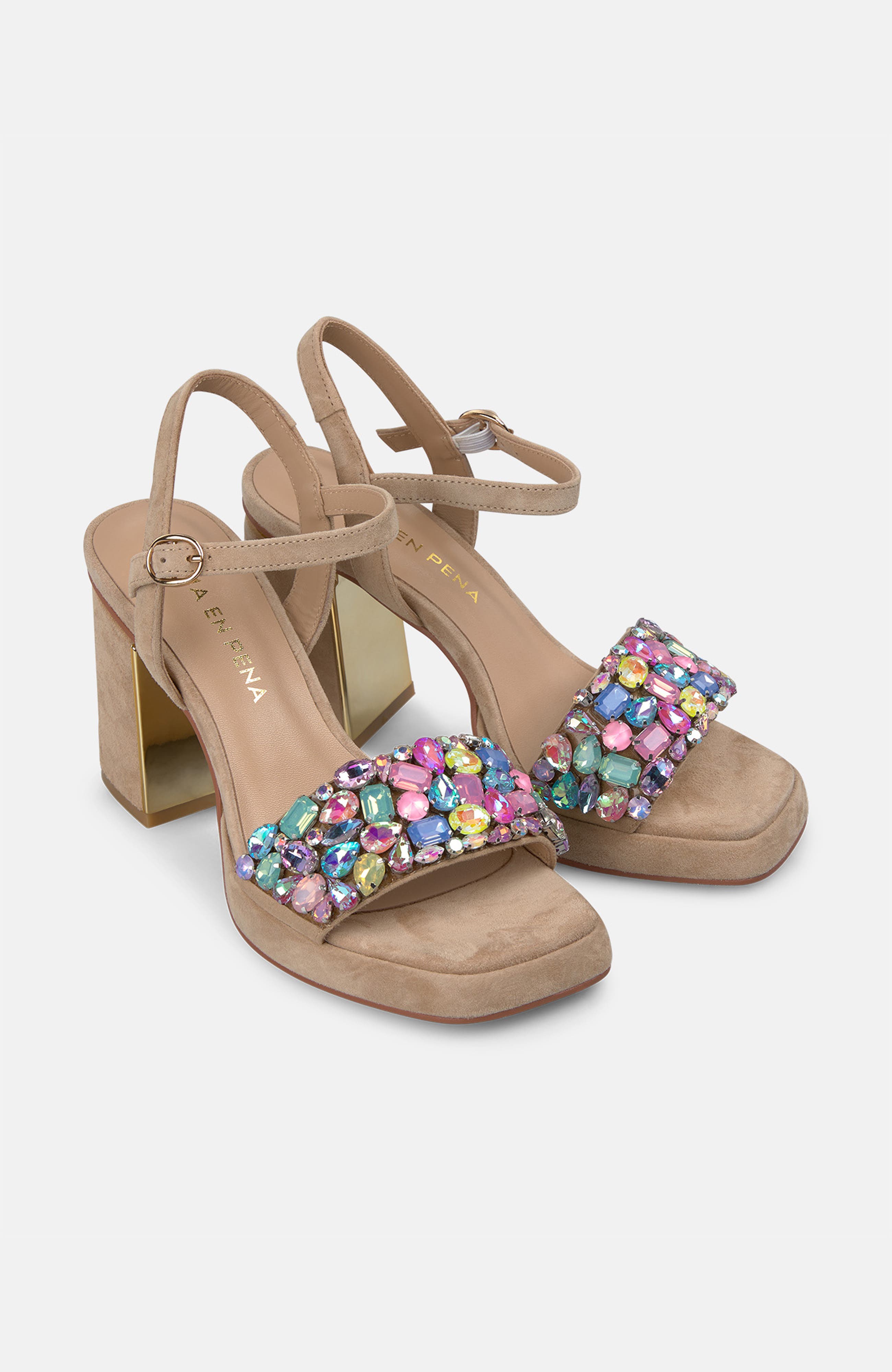 Sandal Wide Rhinestones Strap, Alternate, color, Beige