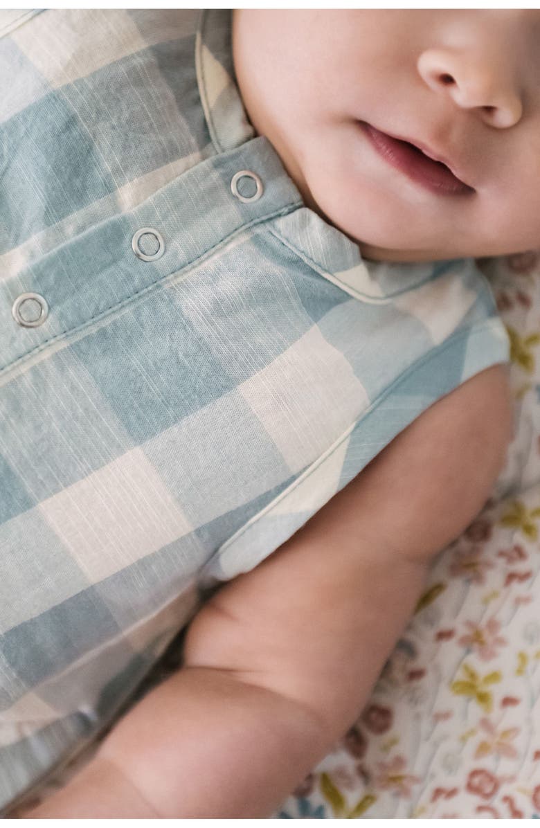 Pehr Gingham Check Patch Pocket Organic Cotton Bubble Romper, Alternate, color, Checkmate Pond
