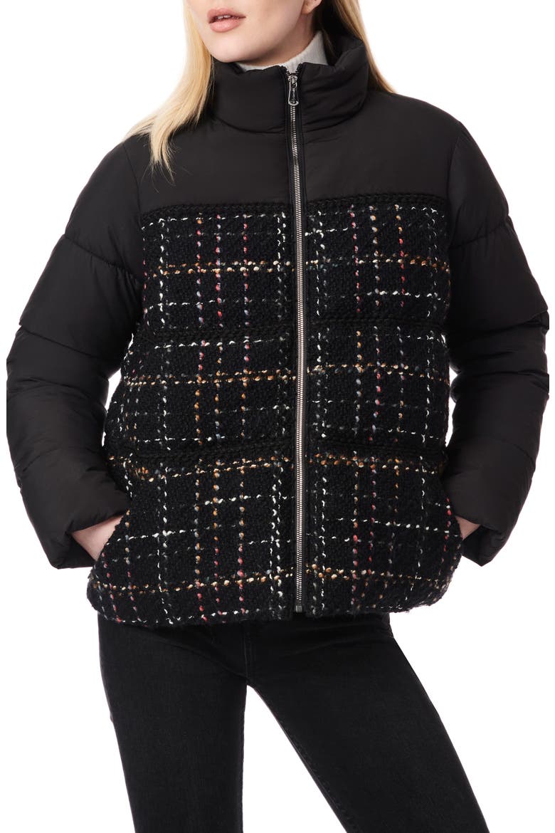 Tweed Puffer Jacket, Main, color, BLACK