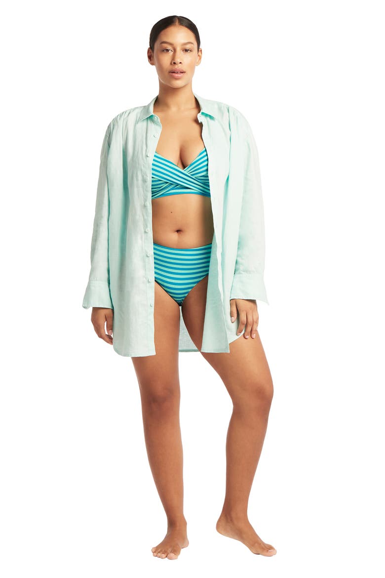 Linen Button-Up Cover-Up Shirtdress, Alternate, color, SEA