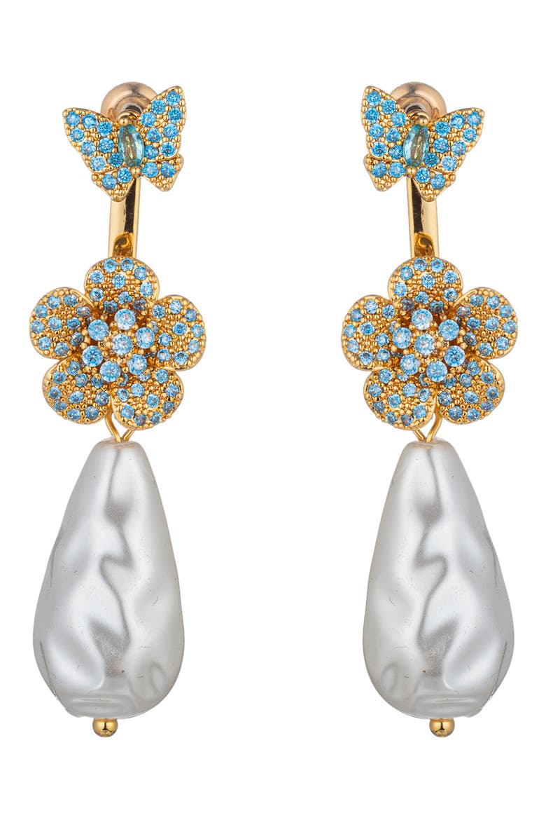 Zoe Cubic Zirconia Butterfly & Flower Faux Pearl Drop Earrings, Main, color, GOLD
