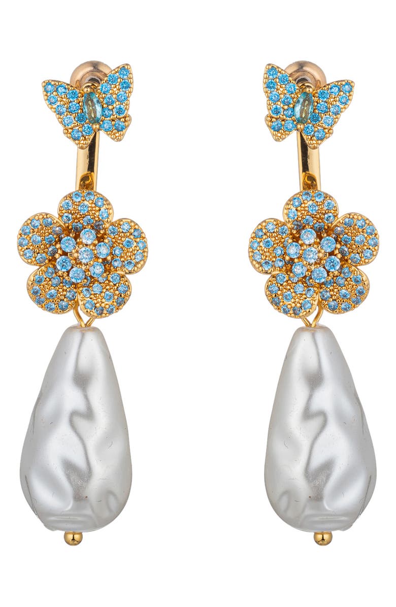 EYE CANDY LOS ANGELES Zoe Cubic Zirconia Butterfly & Flower Faux Pearl Drop Earrings, Main, color, Gold