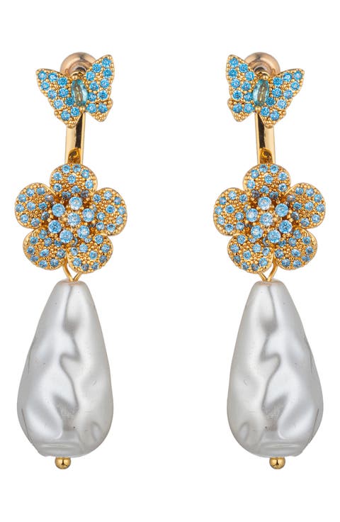 Zoe Cubic Zirconia Butterfly & Flower Faux Pearl Drop Earrings