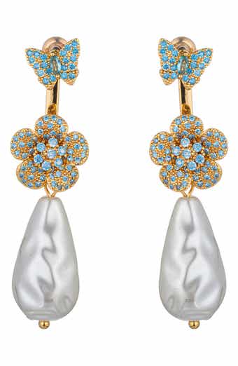 Zoe Cubic Zirconia Butterfly & Flower Faux Pearl Drop Earrings