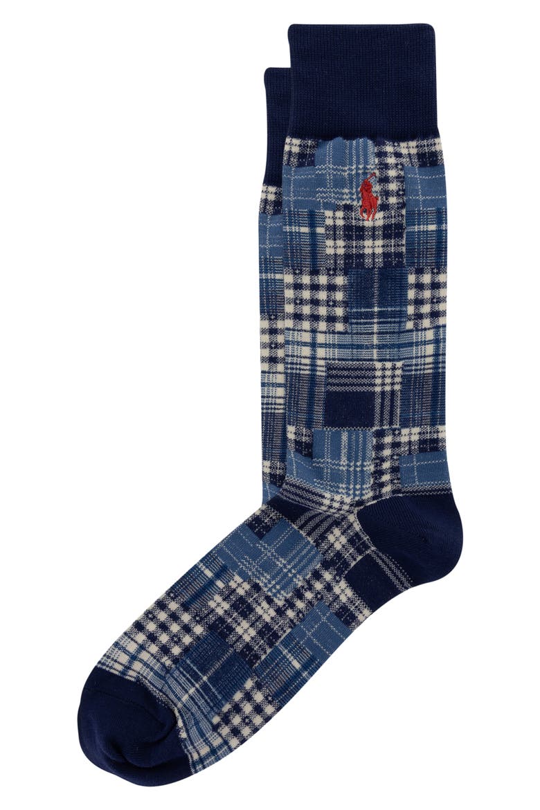 Shirting Pattern Crew Socks, Main, color, NAVY