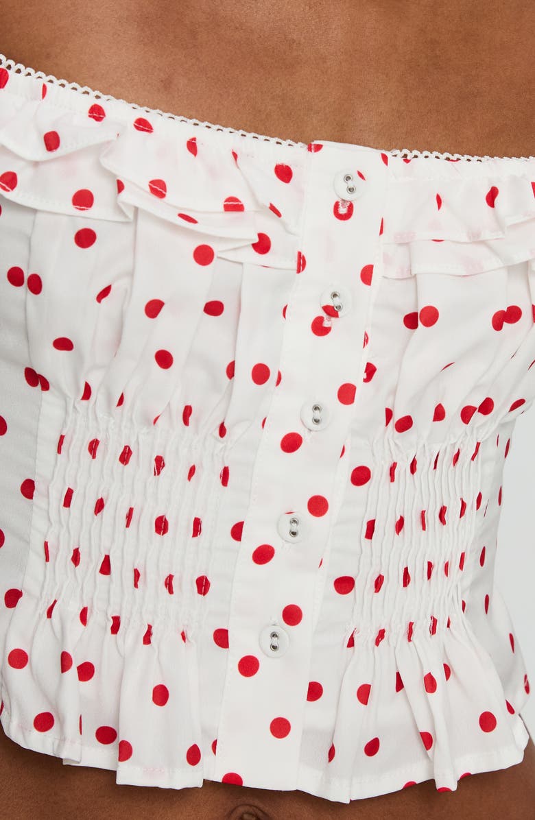 Princess Polly Isadoria Polka Dot Ruffle Trim Crop Tank, Alternate, color, White / Red Polka