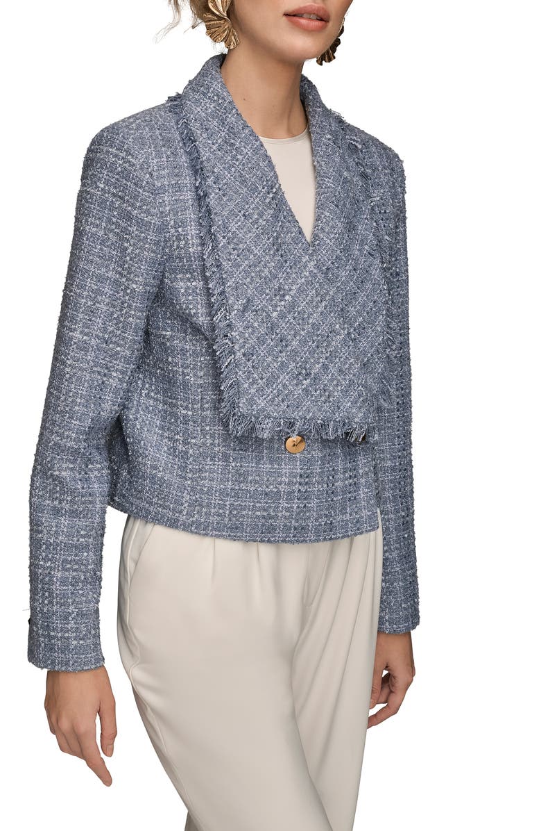 Donna Karan New York Fringed Double Breasted Crop Bouclé Jacket, Alternate, color, Tempest